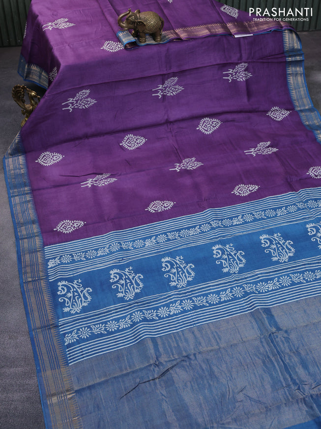 Munga tussar silk saree violet and cs blue with butta prints and zari woven border