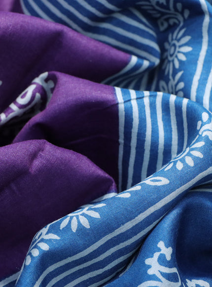 Munga tussar silk saree violet and cs blue with butta prints and zari woven border