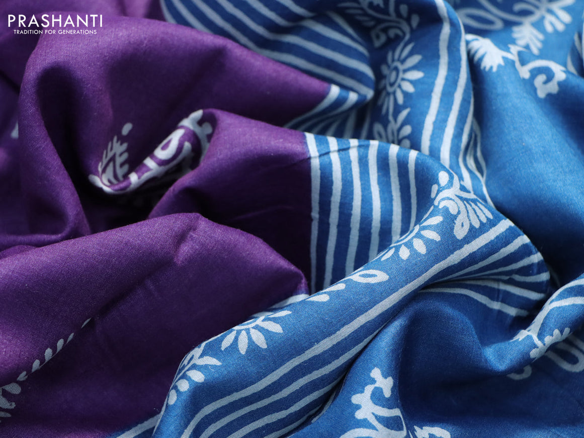 Munga tussar silk saree violet and cs blue with butta prints and zari woven border