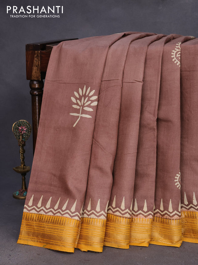 Munga tussar silk saree brown shade and mustard yellow with butta prints and zari woven border