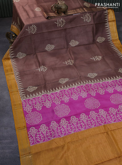 Munga tussar silk saree brown shade and mustard yellow with butta prints and zari woven border