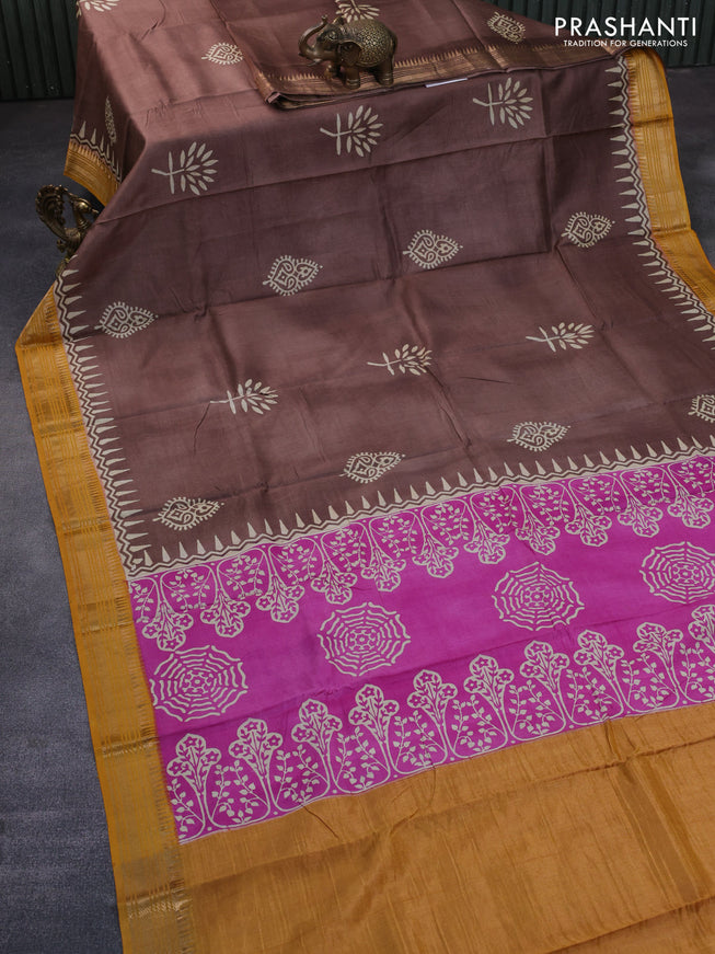 Munga tussar silk saree brown shade and mustard yellow with butta prints and zari woven border