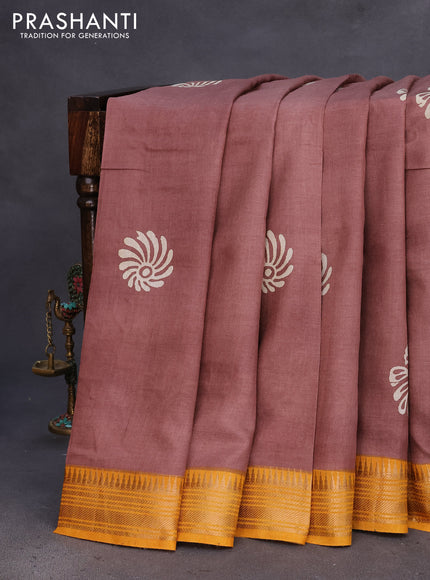 Munga tussar silk saree brown shade and mustard yellow with floral butta prints and zari woven border