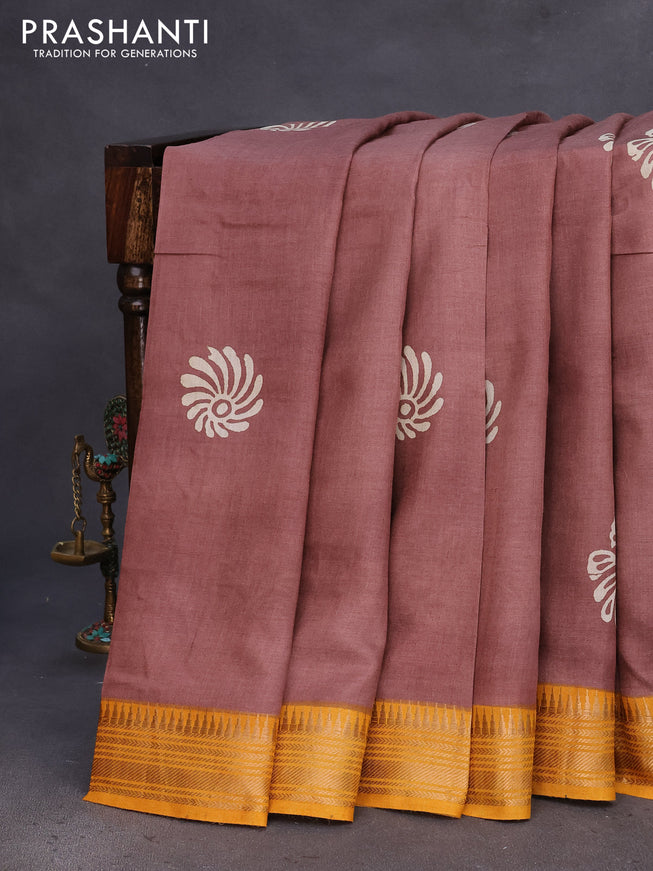 Munga tussar silk saree brown shade and mustard yellow with floral butta prints and zari woven border