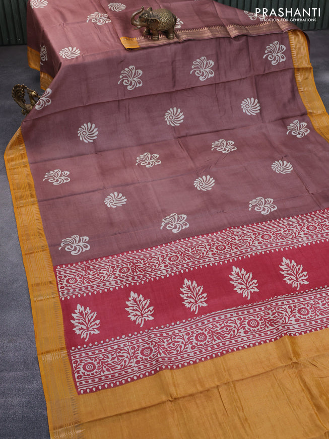 Munga tussar silk saree brown shade and mustard yellow with floral butta prints and zari woven border