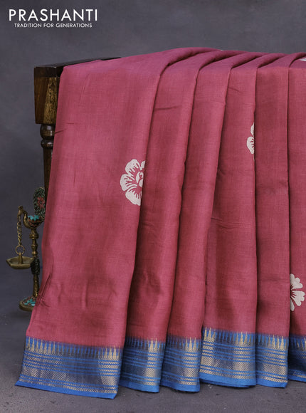 Munga tussar silk saree dark pink and blue with floral butta prints and zari woven border