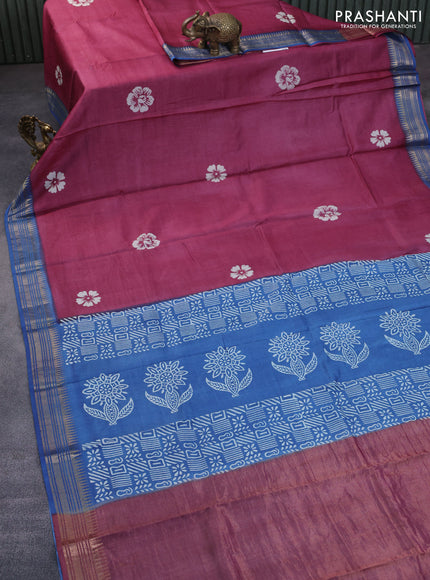 Munga tussar silk saree dark pink and blue with floral butta prints and zari woven border