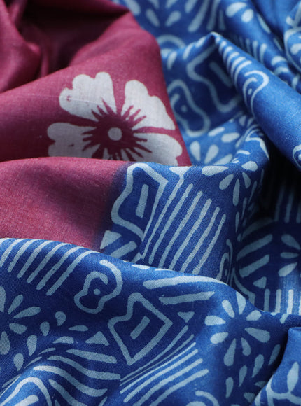 Munga tussar silk saree dark pink and blue with floral butta prints and zari woven border