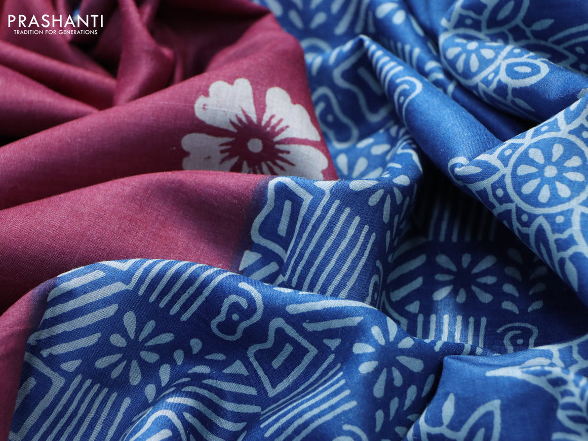 Munga tussar silk saree dark pink and blue with floral butta prints and zari woven border