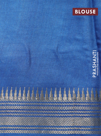 Munga tussar silk saree dark pink and blue with floral butta prints and zari woven border