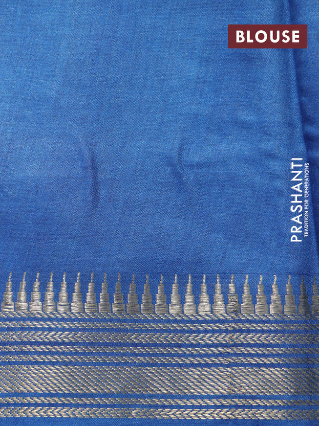 Munga tussar silk saree dark pink and blue with floral butta prints and zari woven border