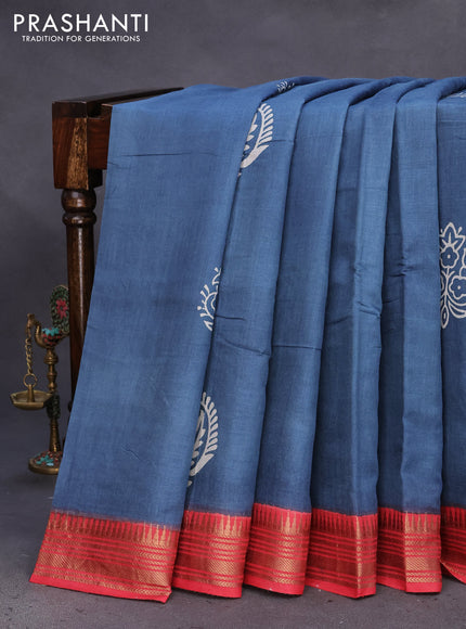 Munga tussar silk saree greyish blue and red with paisley butta prints and zari woven border