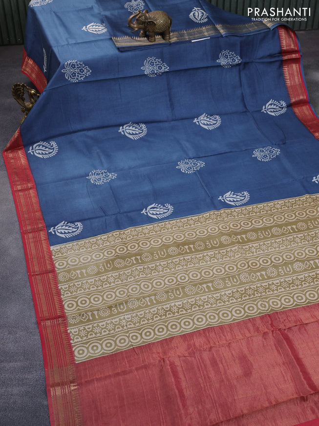 Munga tussar silk saree greyish blue and red with paisley butta prints and zari woven border