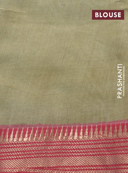 Munga tussar silk saree greyish blue and red with paisley butta prints and zari woven border