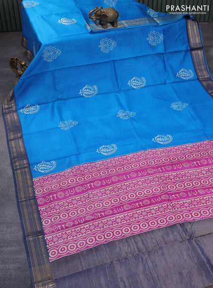 Munga tussar silk saree cs blue and grey with paisley butta prints and zari woven border