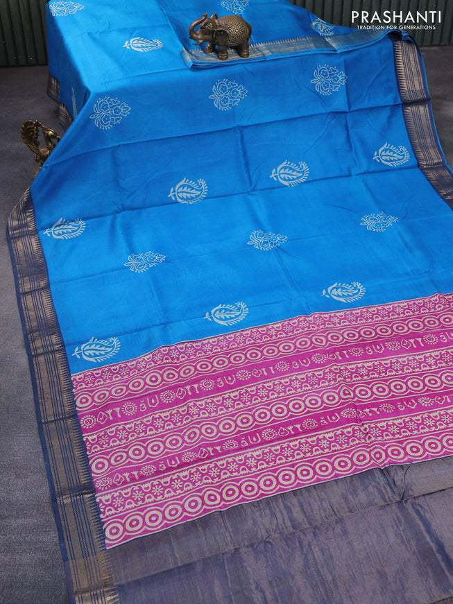 Munga tussar silk saree cs blue and grey with paisley butta prints and zari woven border