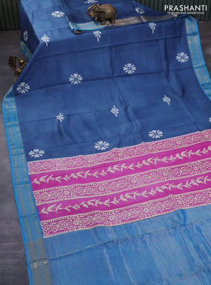 Munga tussar silk saree blue shade and cs blue with floral butta prints and zari woven border