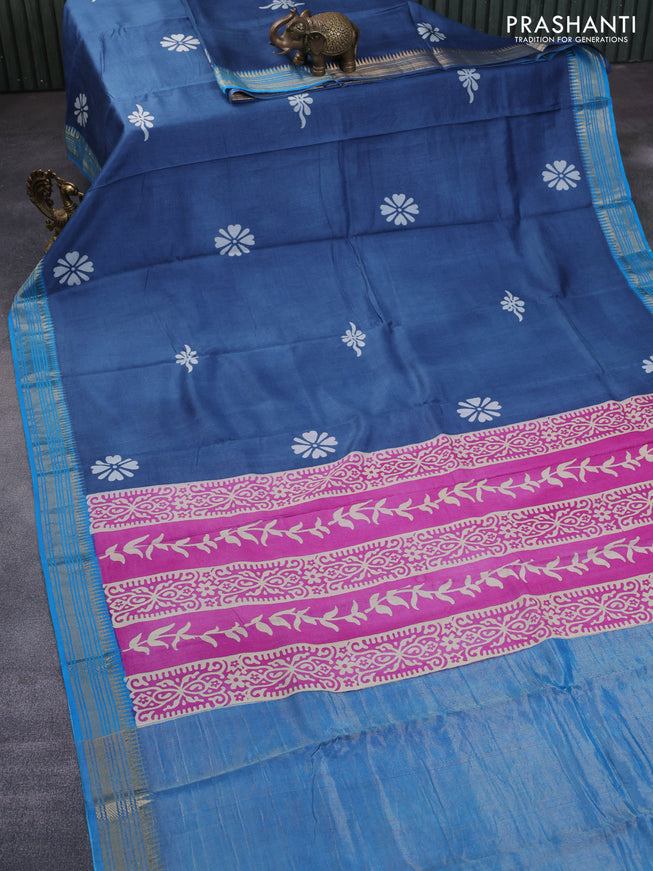 Munga tussar silk saree blue shade and cs blue with floral butta prints and zari woven border