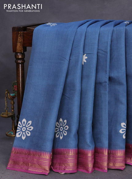 Munga tussar silk saree bluish grey and pink with floral butta prints and zari woven border