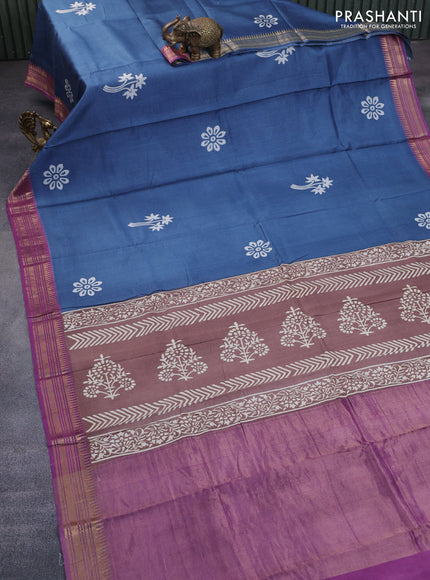 Munga tussar silk saree bluish grey and pink with floral butta prints and zari woven border