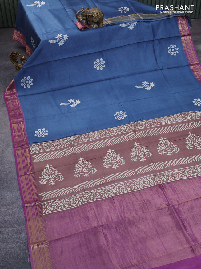 Munga tussar silk saree bluish grey and pink with floral butta prints and zari woven border