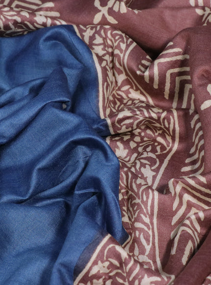 Munga tussar silk saree bluish grey and pink with floral butta prints and zari woven border