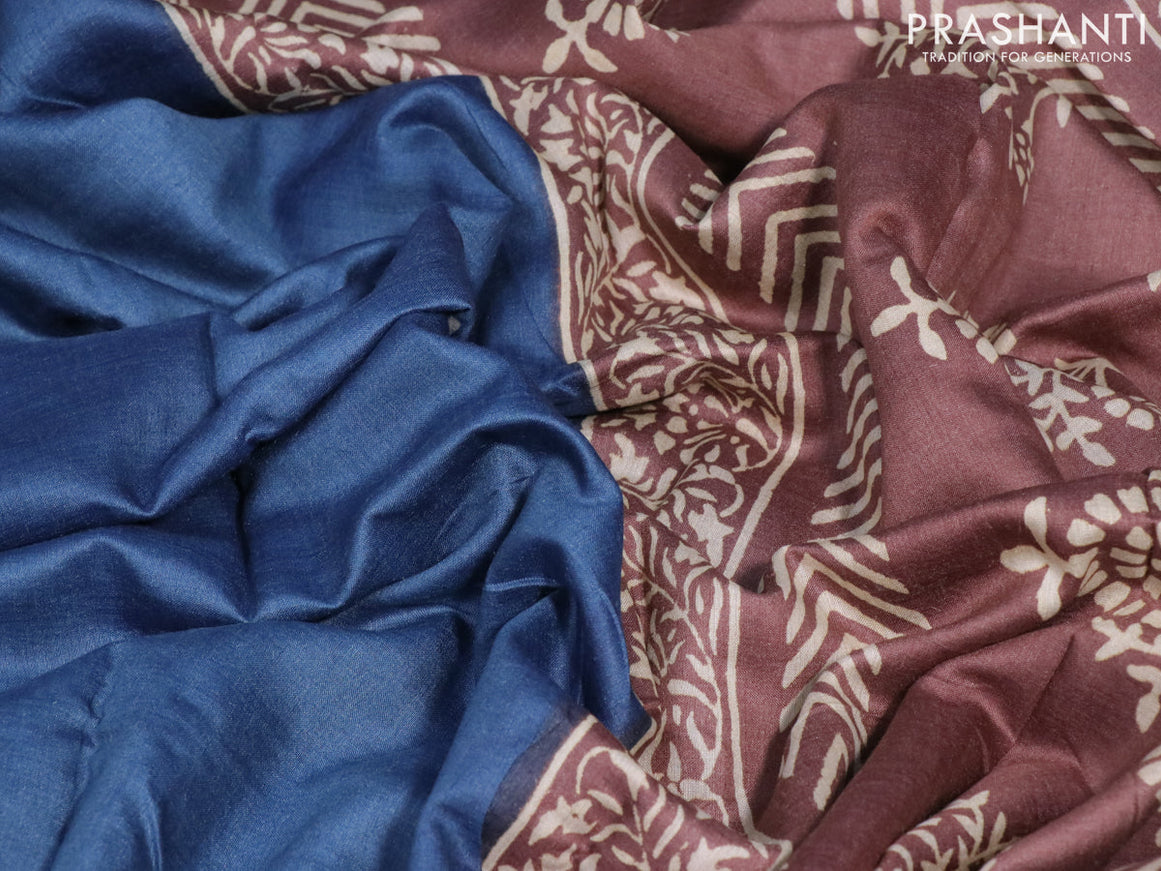 Munga tussar silk saree bluish grey and pink with floral butta prints and zari woven border