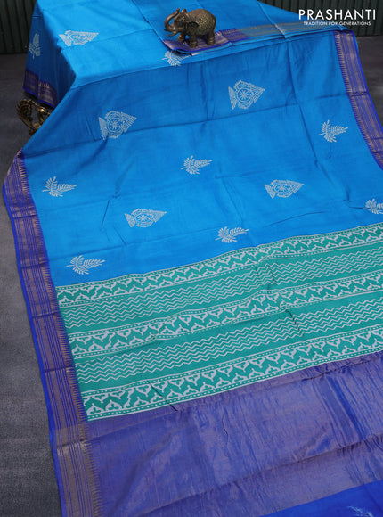 Munga tussar silk saree cs blue and blue with butta prints and zari woven border