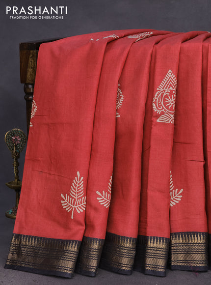 Munga tussar silk saree red and black with butta prints and zari woven border