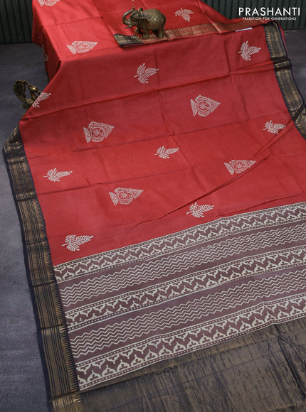 Munga tussar silk saree red and black with butta prints and zari woven border