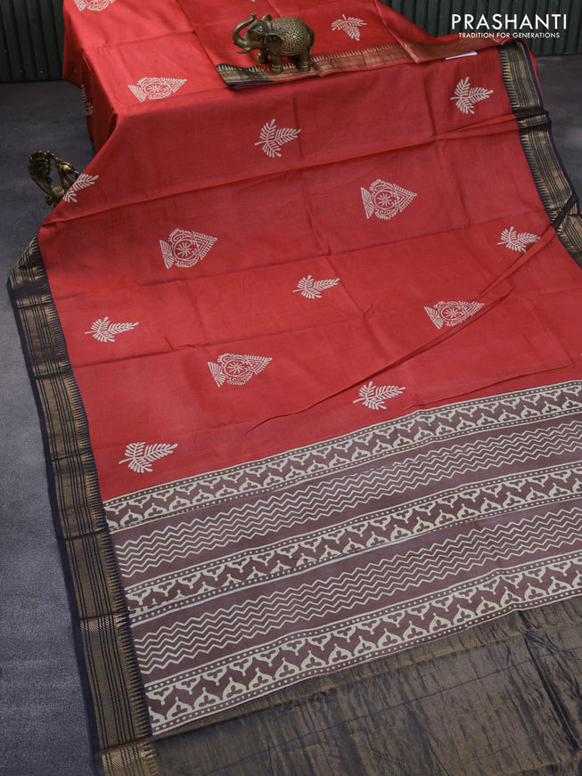 Munga tussar silk saree red and black with butta prints and zari woven border