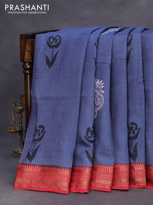 Munga tussar silk saree grey and red with floral butta prints and zari woven border