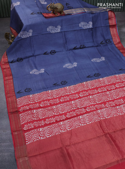 Munga tussar silk saree grey and red with floral butta prints and zari woven border