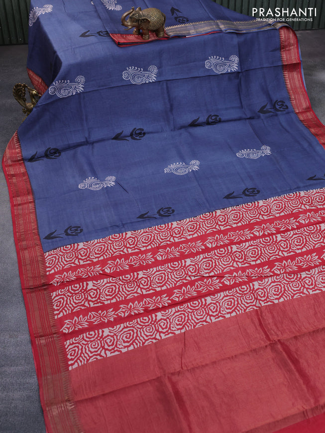 Munga tussar silk saree grey and red with floral butta prints and zari woven border