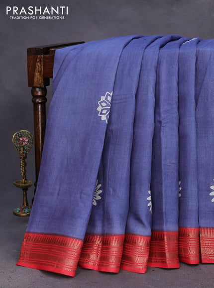 Munga tussar silk saree greyish blue and red with floral butta prints and zari woven border