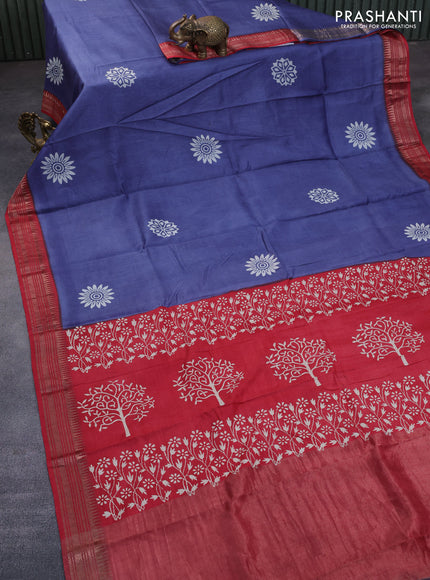 Munga tussar silk saree greyish blue and red with floral butta prints and zari woven border