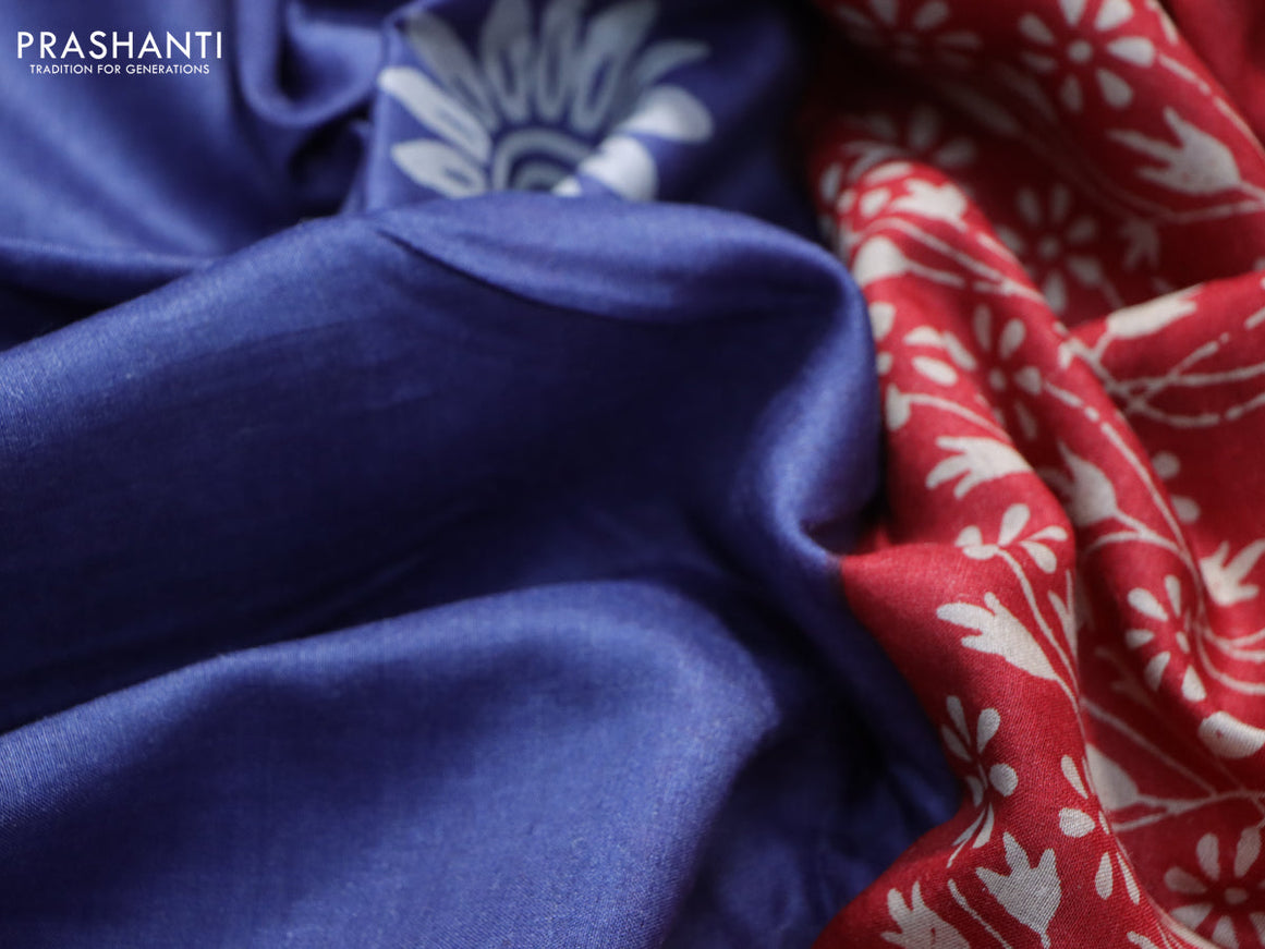 Munga tussar silk saree greyish blue and red with floral butta prints and zari woven border