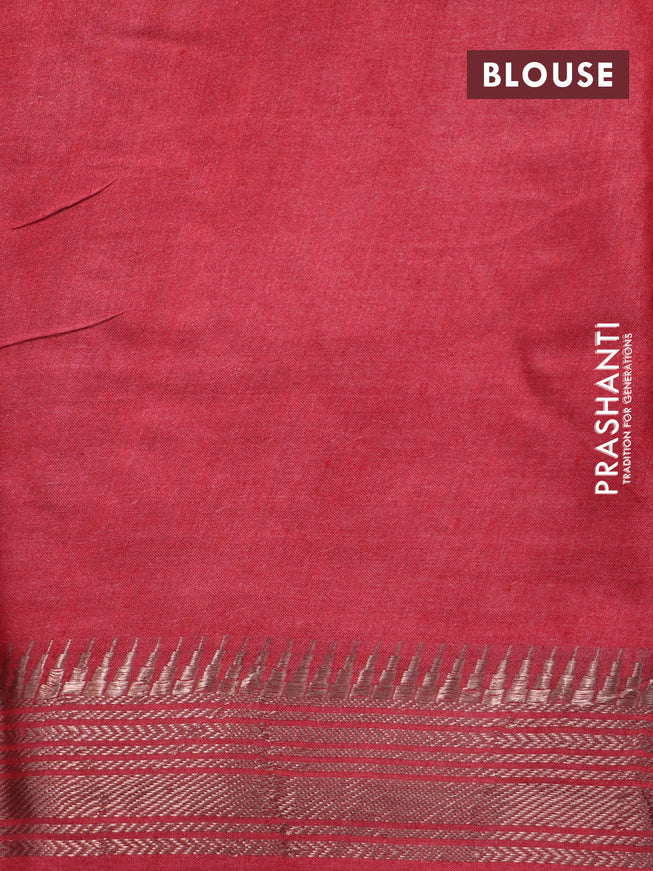 Munga tussar silk saree greyish blue and red with floral butta prints and zari woven border