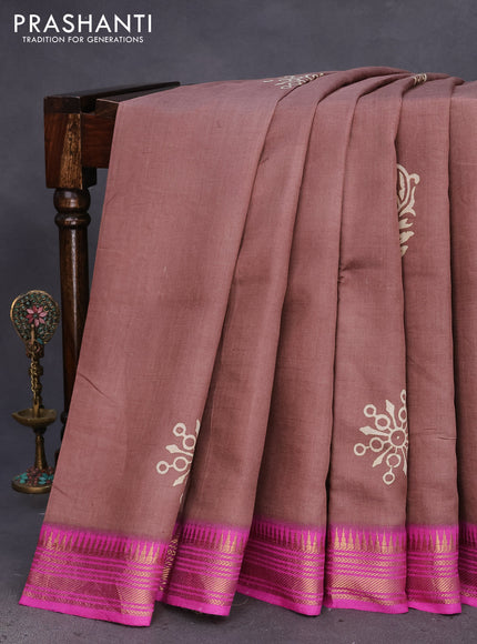 Munga tussar silk saree brown shade and pink with butta prints and zari woven border