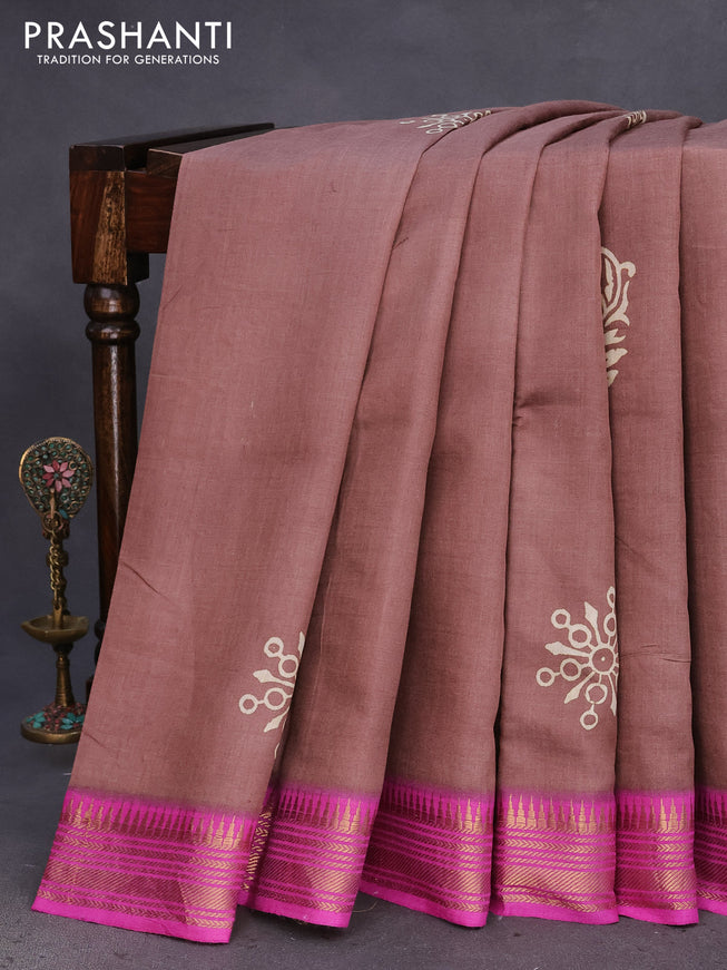 Munga tussar silk saree brown shade and pink with butta prints and zari woven border