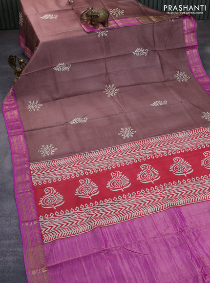 Munga tussar silk saree brown shade and pink with butta prints and zari woven border