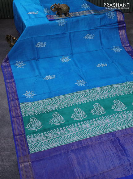 Munga tussar silk saree cs blue and blue with butta prints and zari woven border