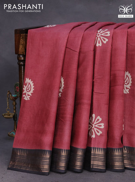 Munga tussar silk saree maroon shade and black with floral butta prints and zari woven border