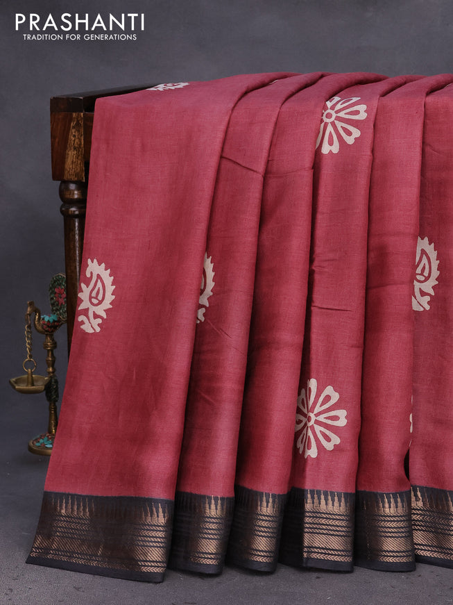 Munga tussar silk saree maroon shade and black with floral butta prints and zari woven border