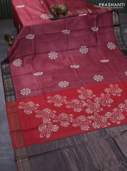 Munga tussar silk saree maroon shade and black with floral butta prints and zari woven border