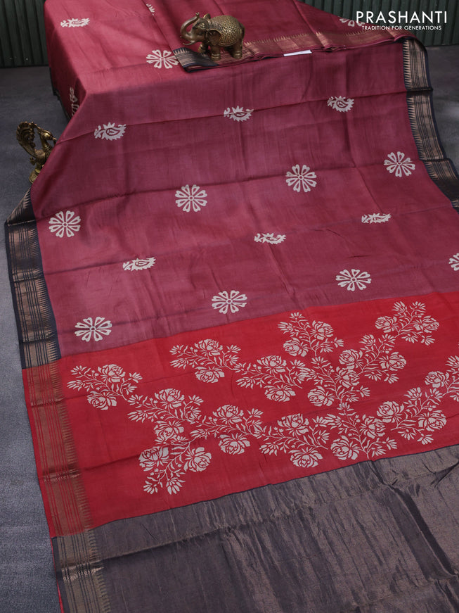 Munga tussar silk saree maroon shade and black with floral butta prints and zari woven border