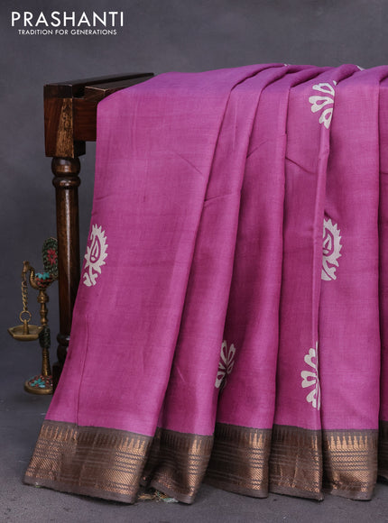 Munga tussar silk saree purple shade and grey with floral butta prints and zari woven border