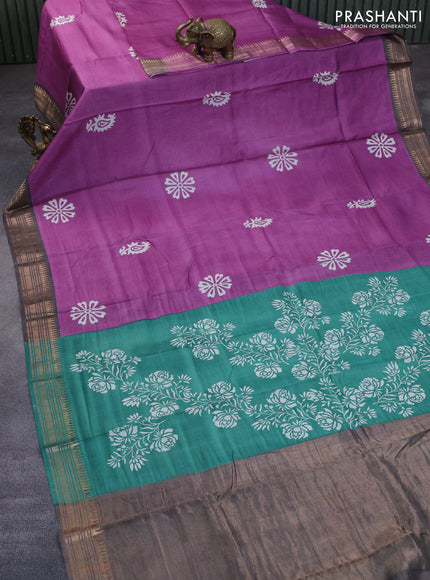 Munga tussar silk saree purple shade and grey with floral butta prints and zari woven border