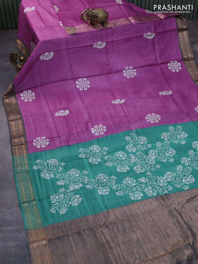 Munga tussar silk saree purple shade and grey with floral butta prints and zari woven border