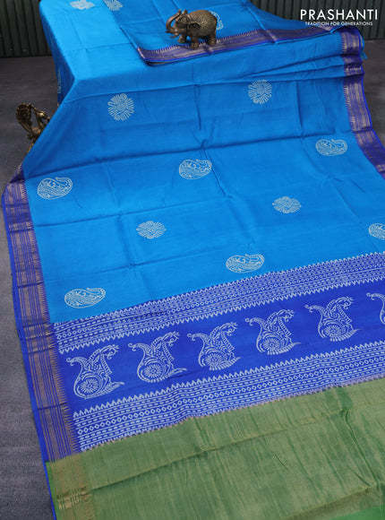 Munga tussar silk saree cs blue and blue with butta prints and zari woven border